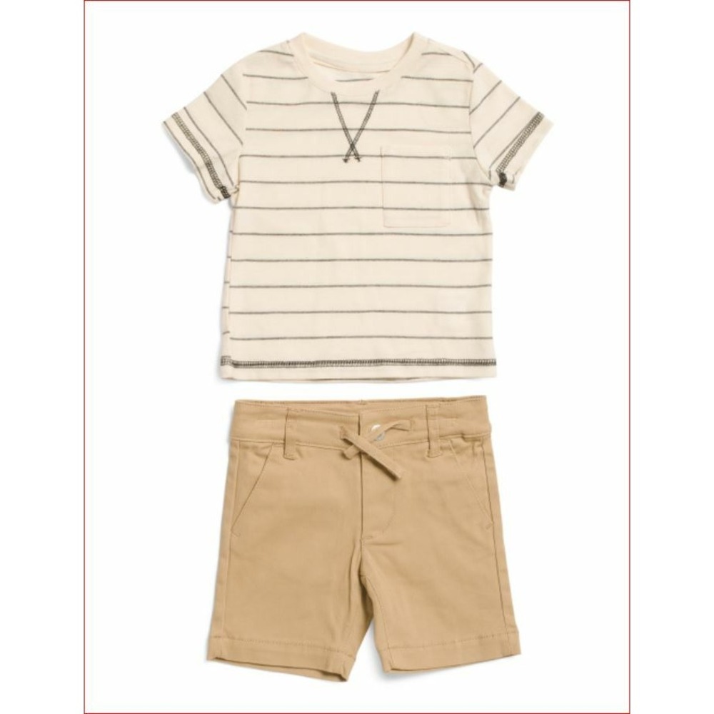 AG Adriano Goldschmied Kids Infant Boys Striped Tee Sateen Shorts Set 18M Cream